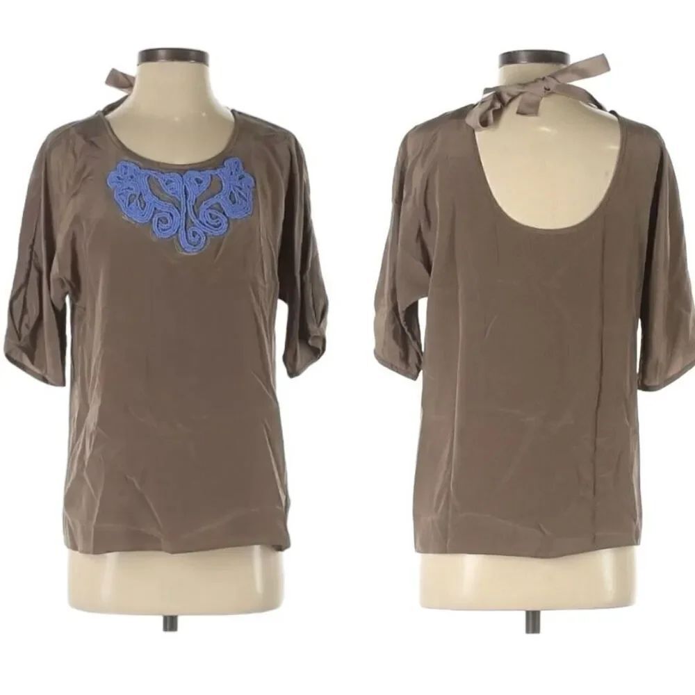 Tibi Taupe Periwinkle Blue Silk Beaded 3/4 Sleeve Blouse Top Sz 2
